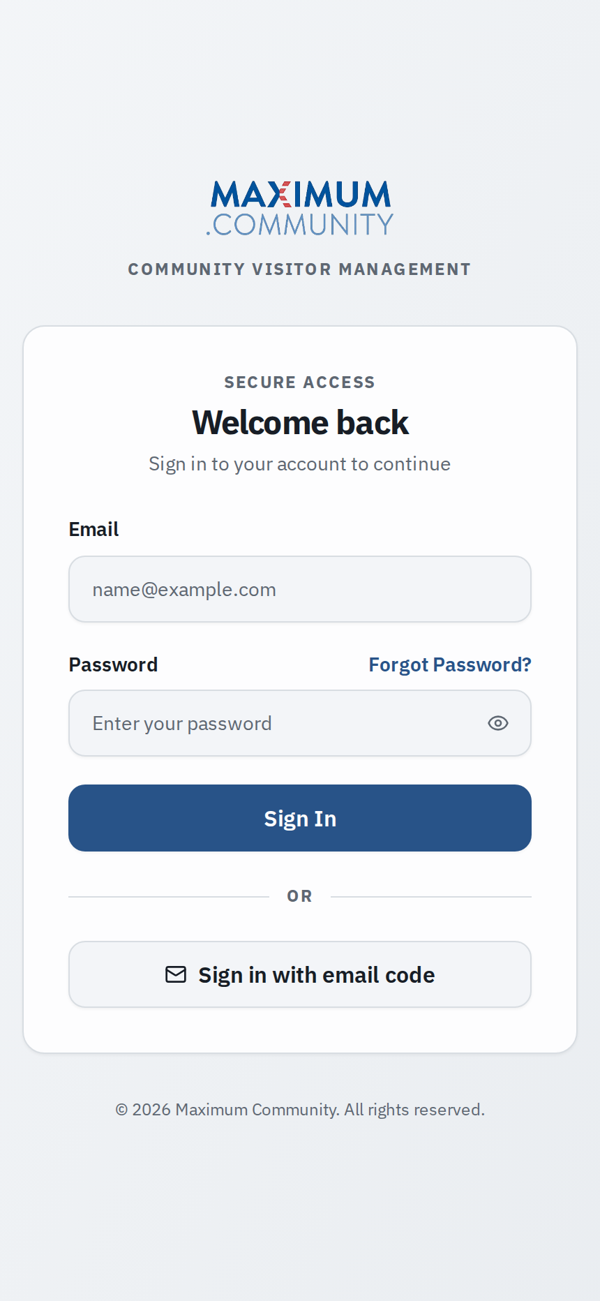 The Maximum.Community sign-in screen