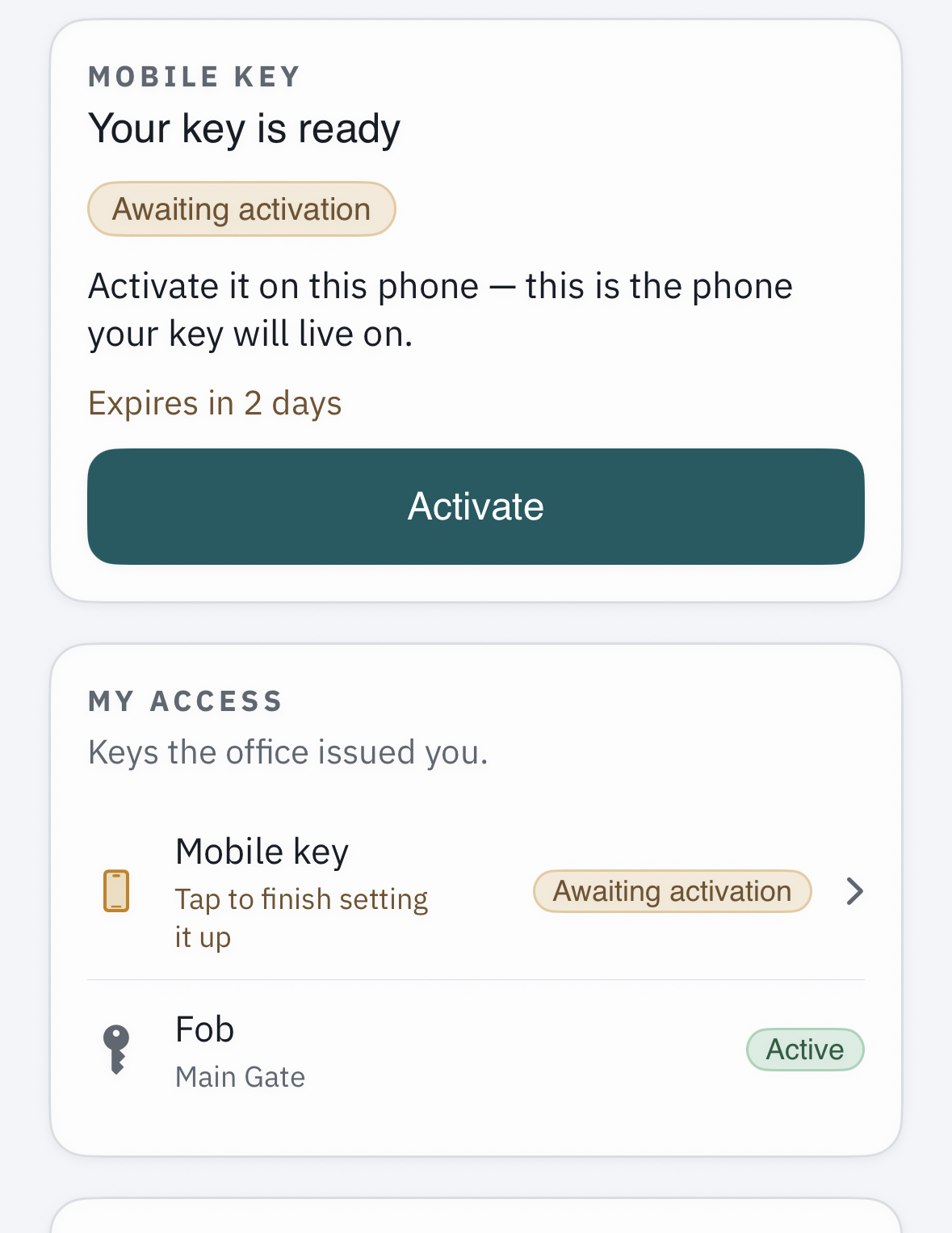 the “Your key is ready” card on the Profile > My access screen, with an Activate button