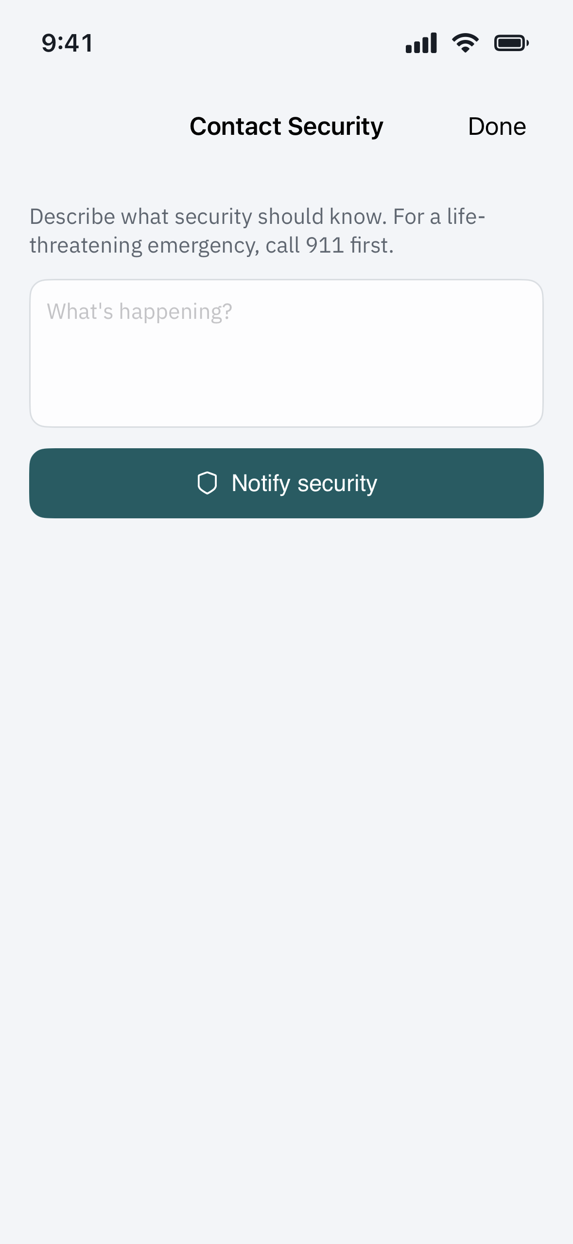 the Contact Security sheet with a message box and a “Notify security” button