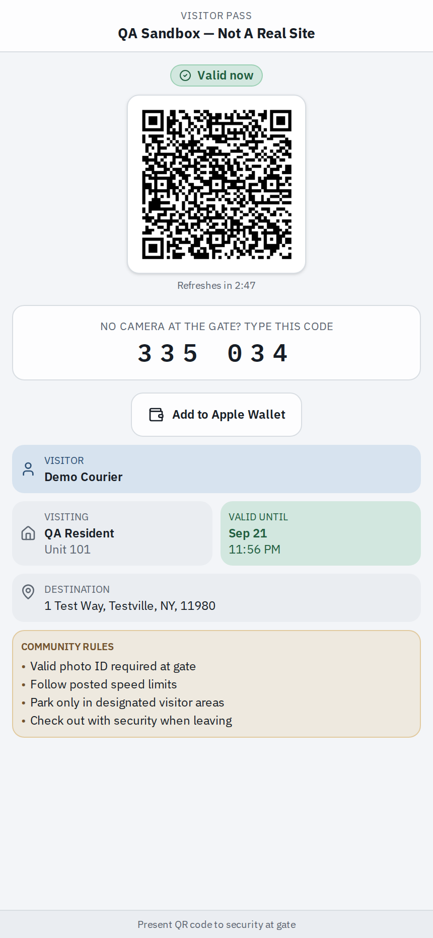 a delivery pass page showing the QR code and 6-digit entry code