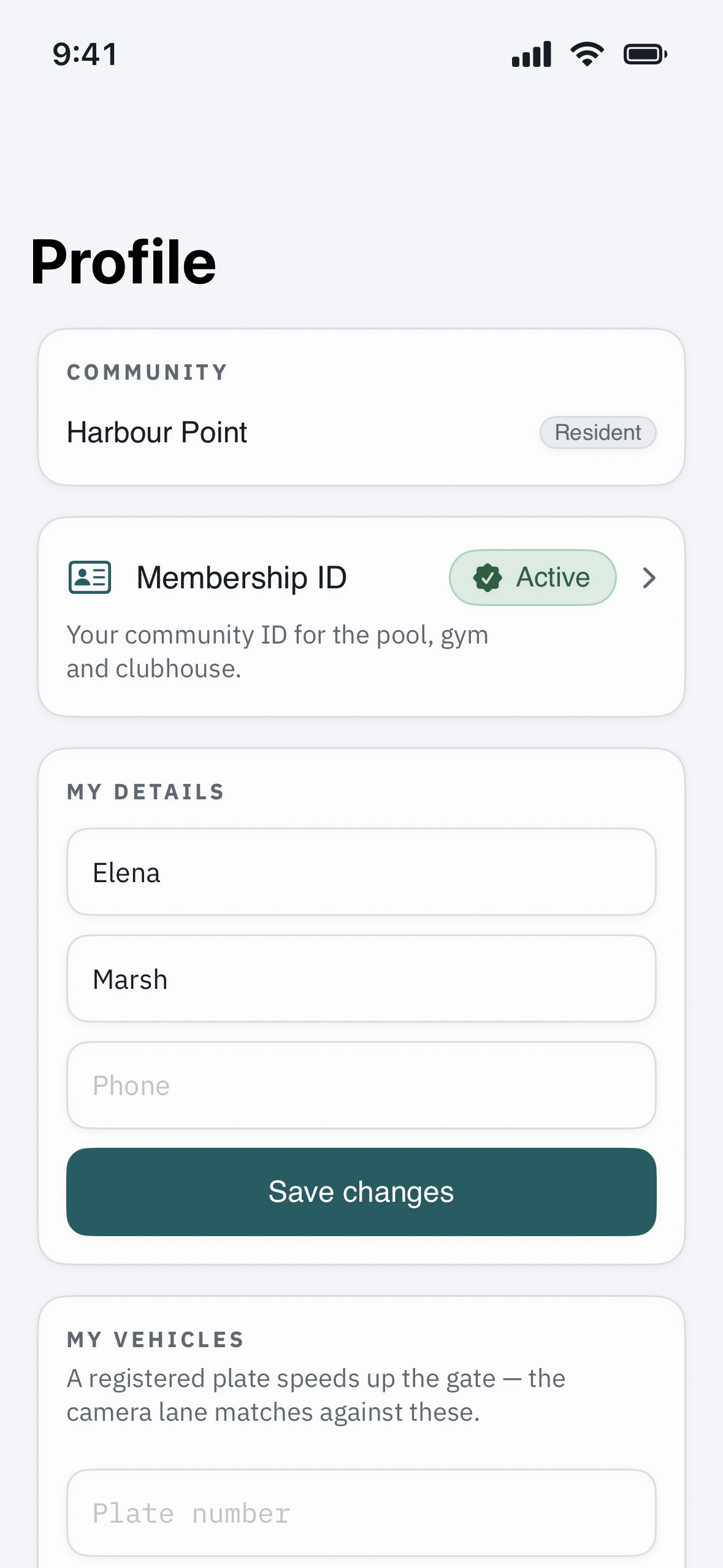 the resident profile showing editable name and phone, with email managed by the office