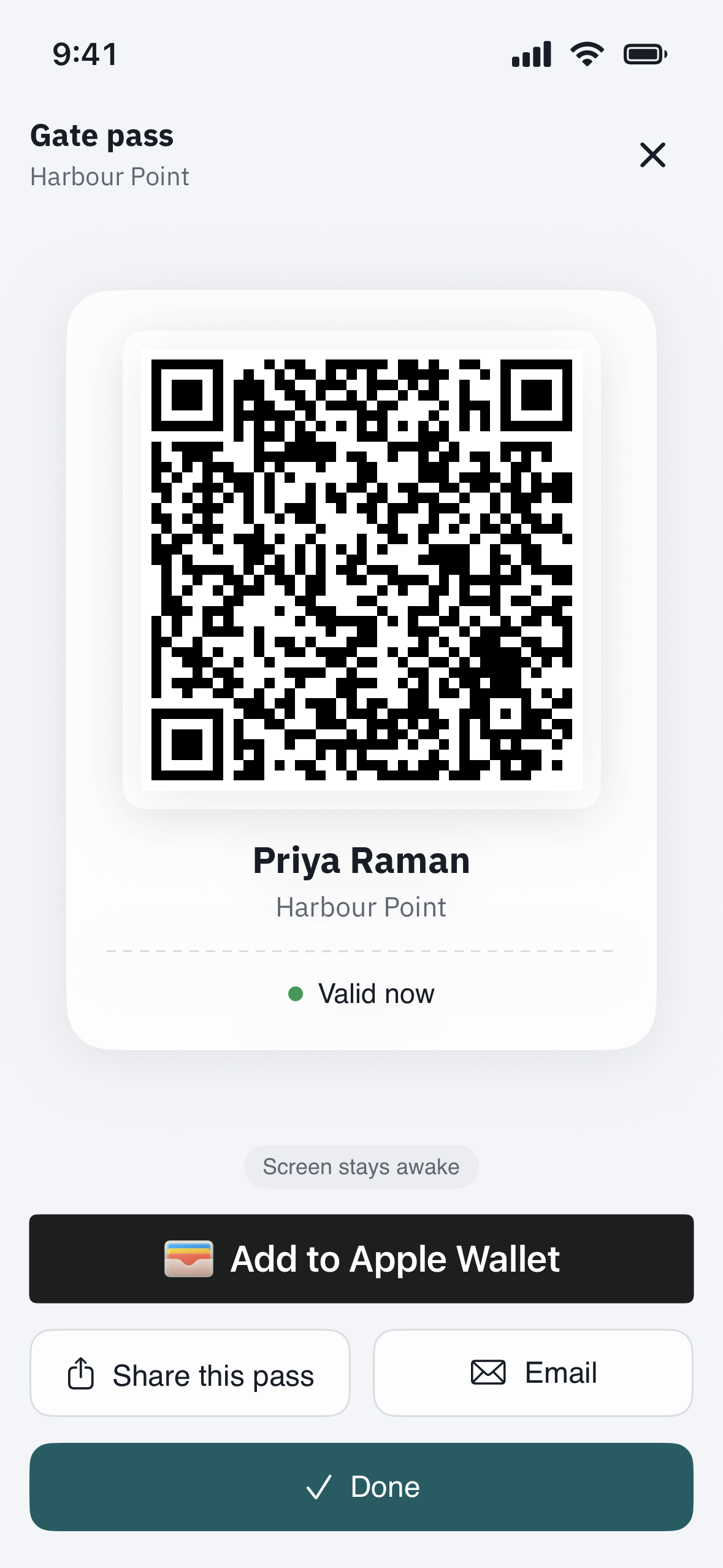 a visitor pass showing the guest’s mobile number and a Resend button