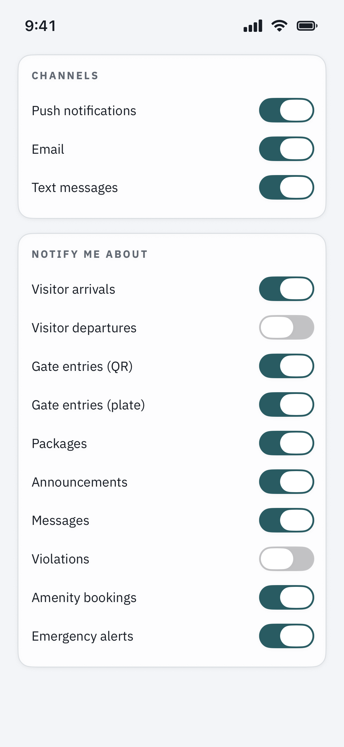 the notification preferences list with push, SMS, and email toggles