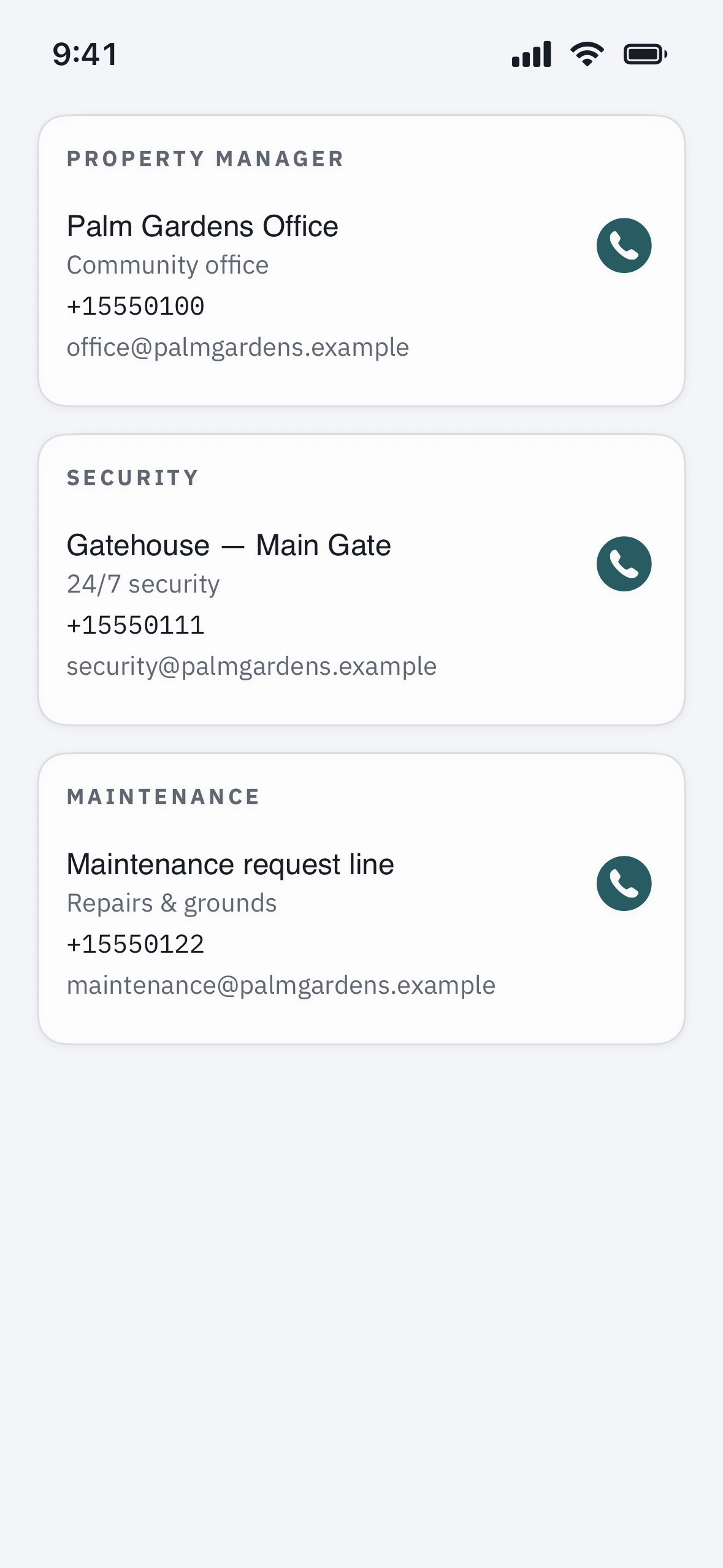 the Contacts directory listing office, security, and maintenance with call and email actions