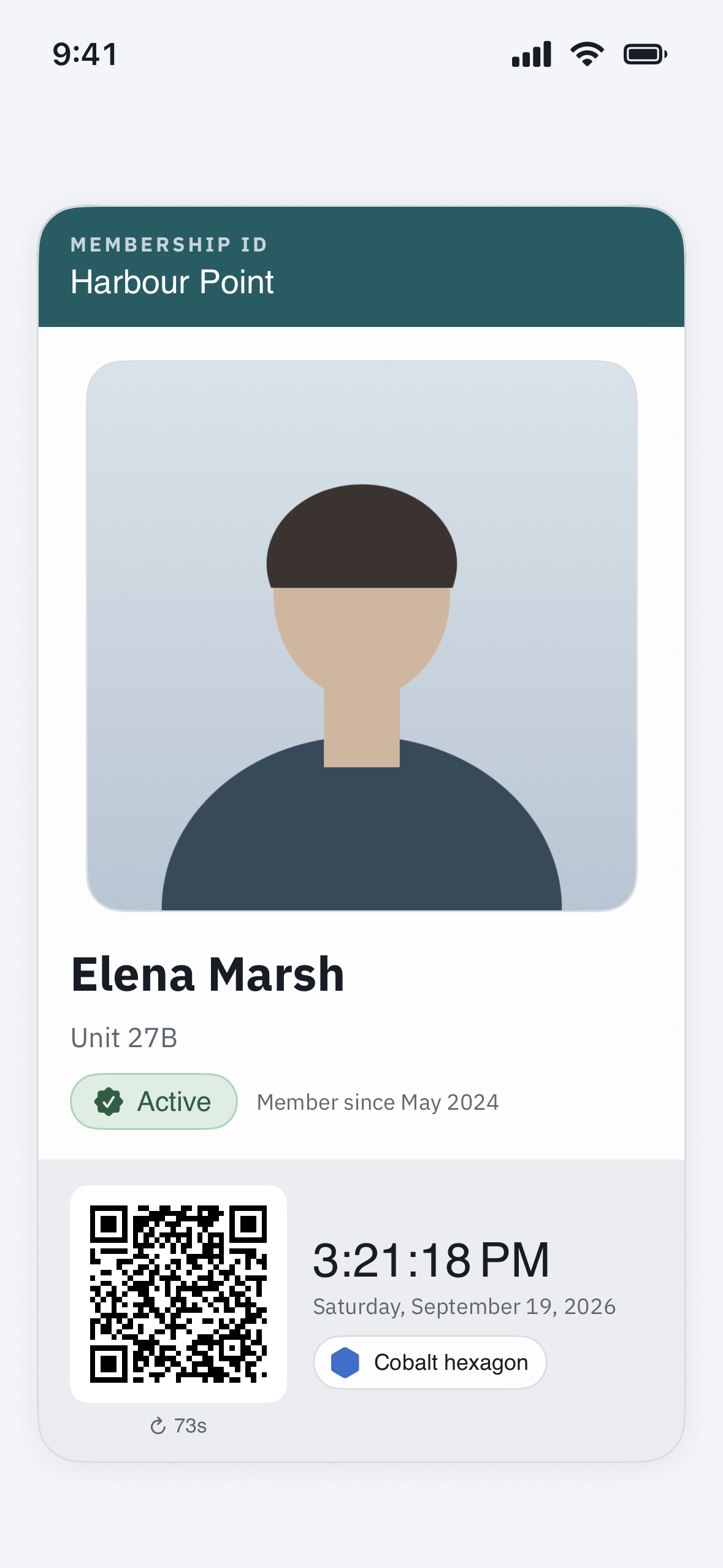 a digital membership card showing a photo, name, home, and membership level