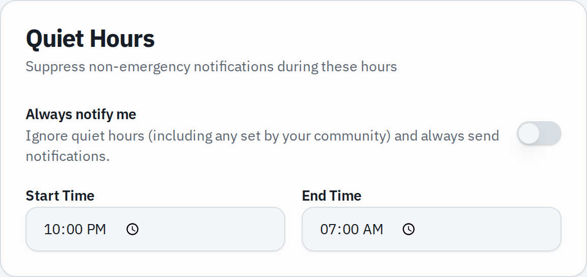 the notification settings with quiet-hours start and end times