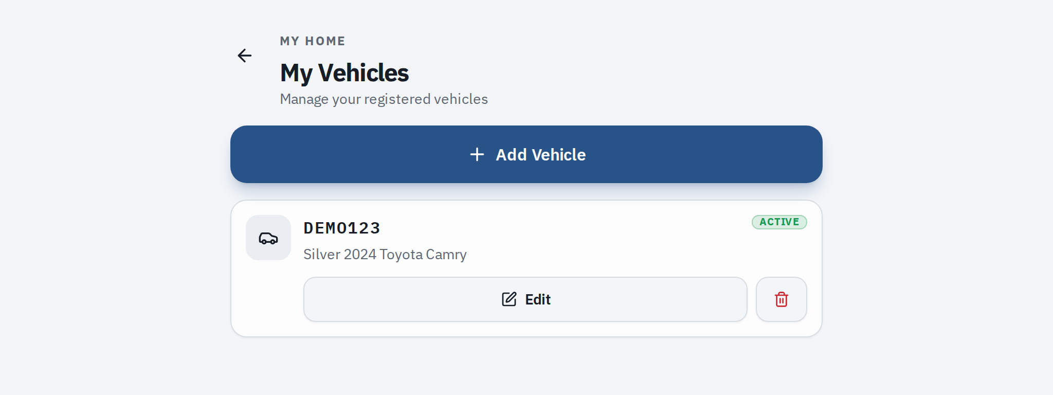 a resident's saved vehicle list with Edit and Remove options