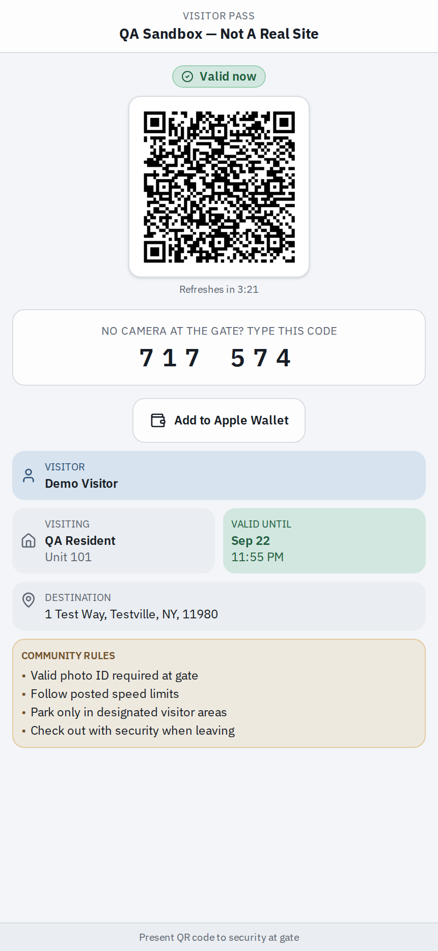 the visitor pass web page showing the QR code and the 6-digit entry code