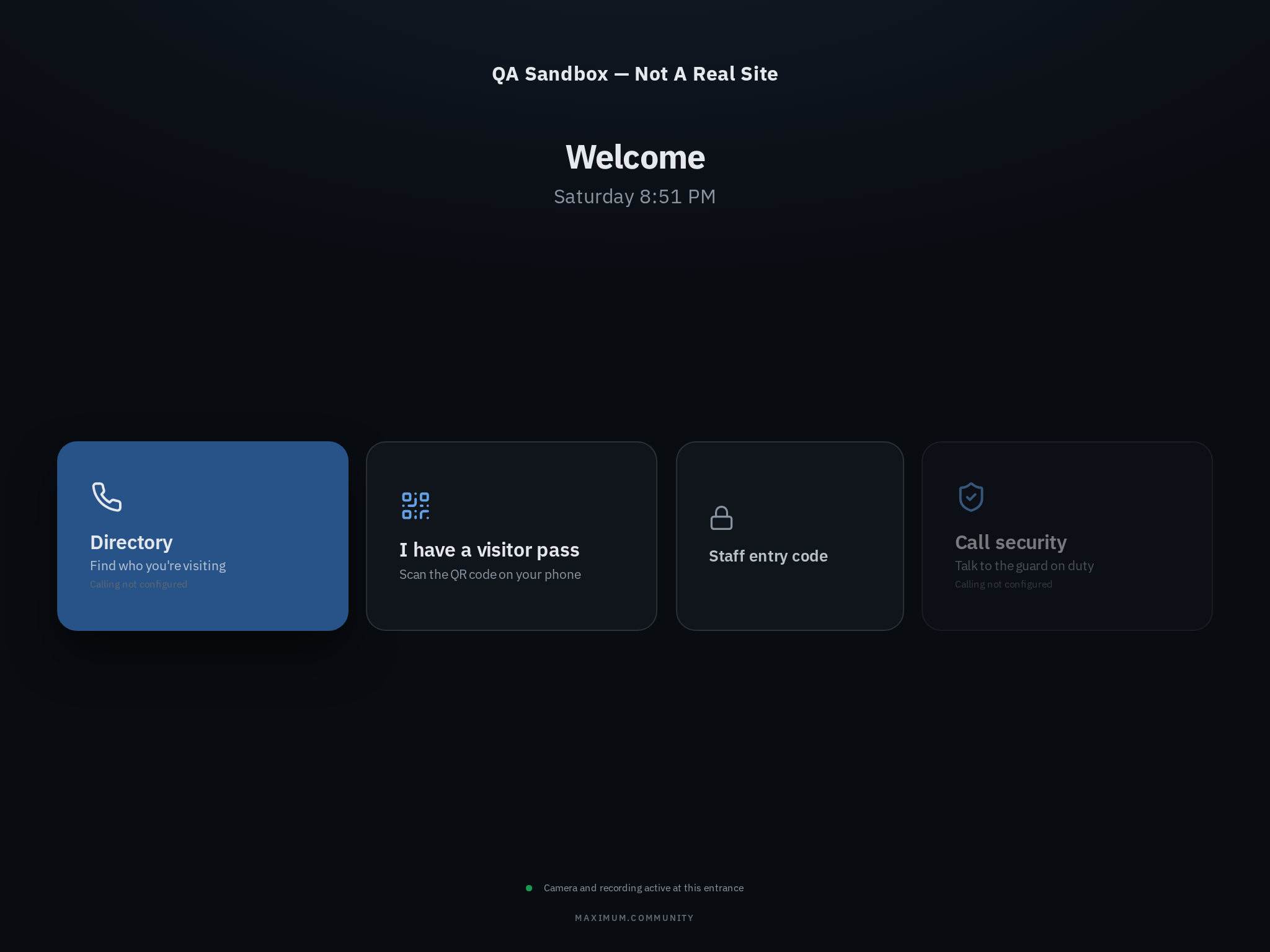 the gate panel with a directory search and a Call Security button