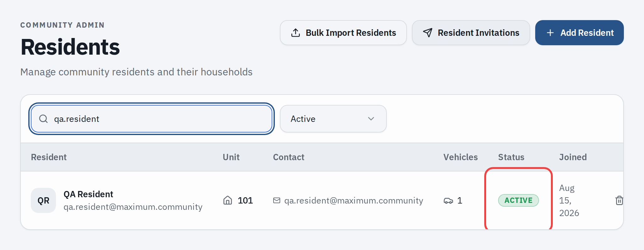 a resident’s profile showing their email and account status