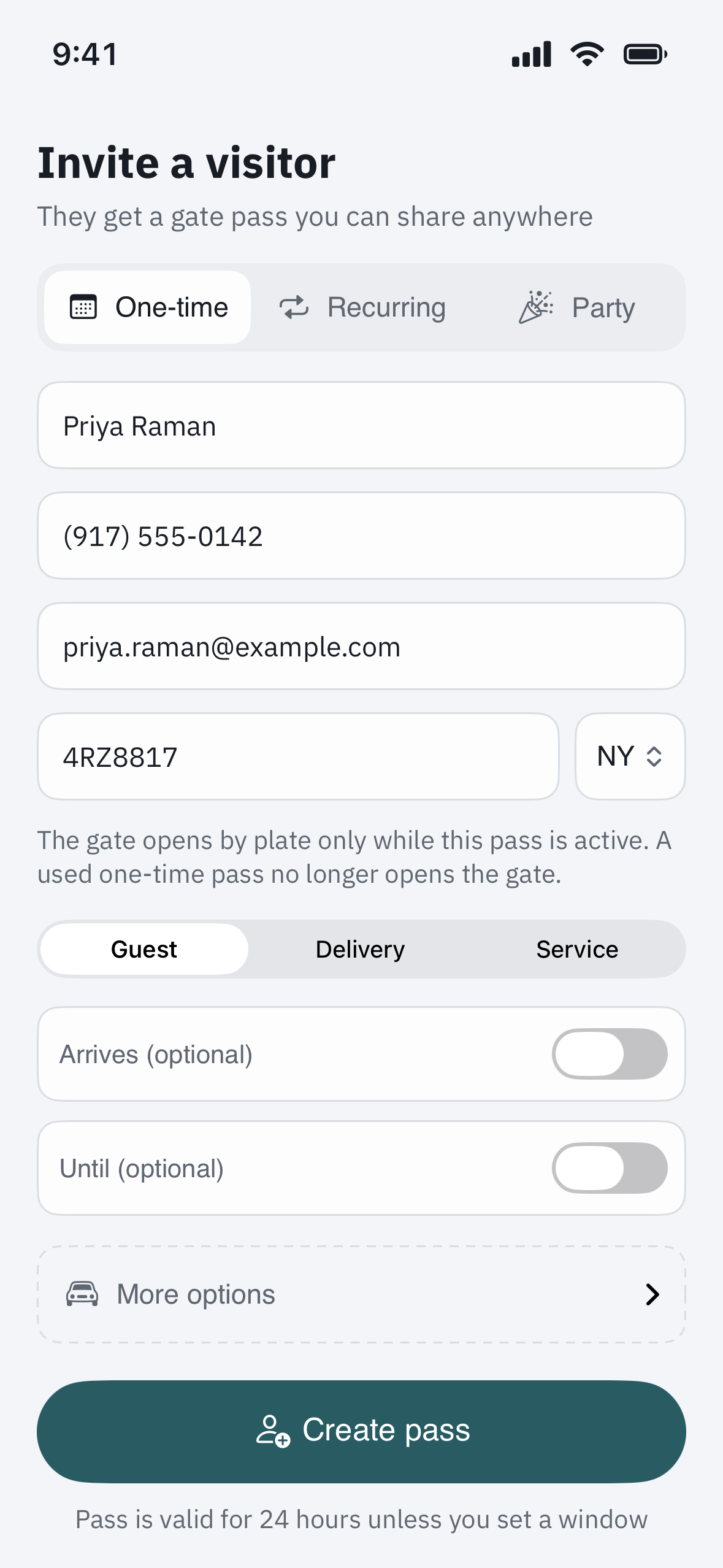the new-visitor form with name and mobile number filled in