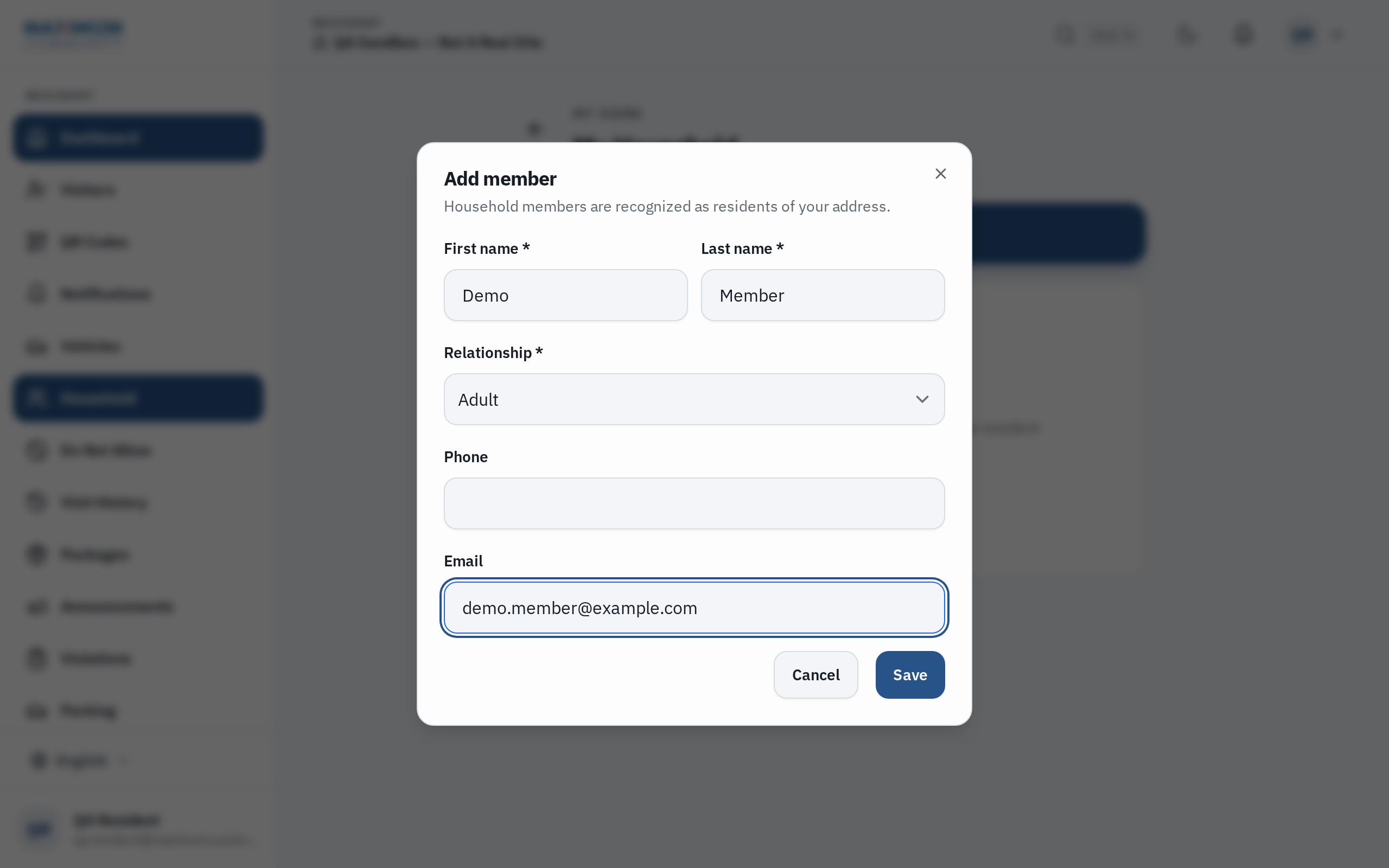 the Household screen with an add-member form