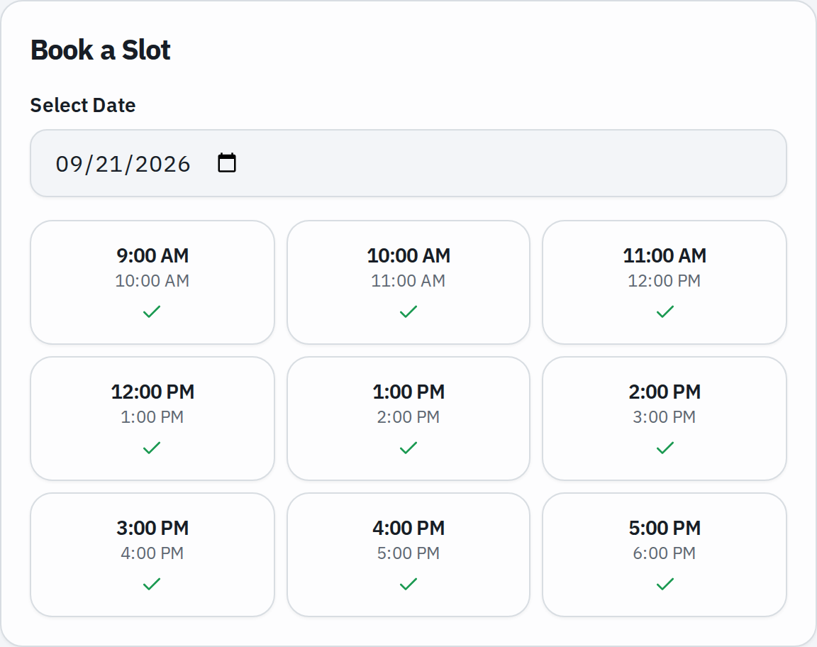 an amenity with a date picker and available time slots