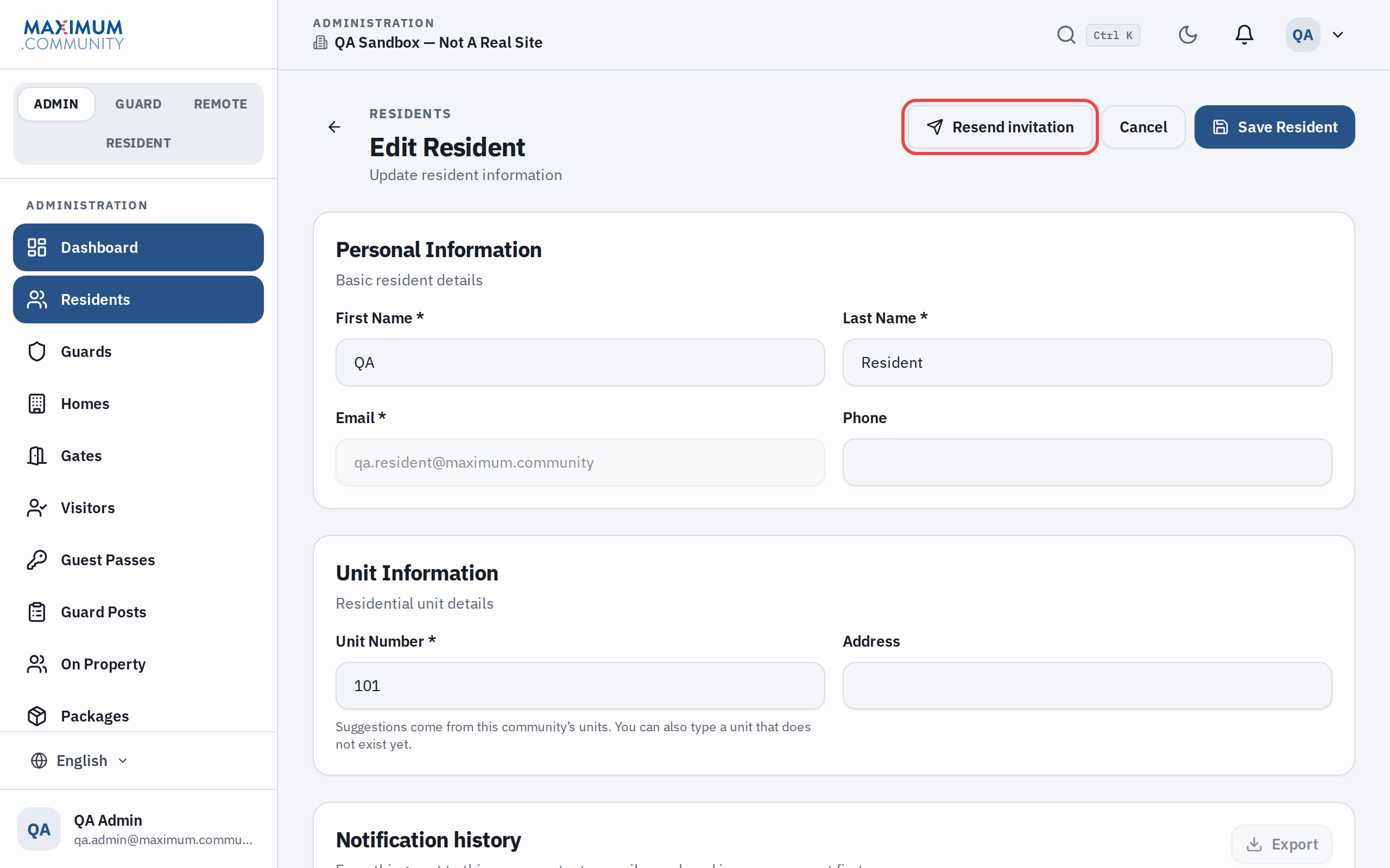 the resend-invite and reset-password actions on a resident’s profile