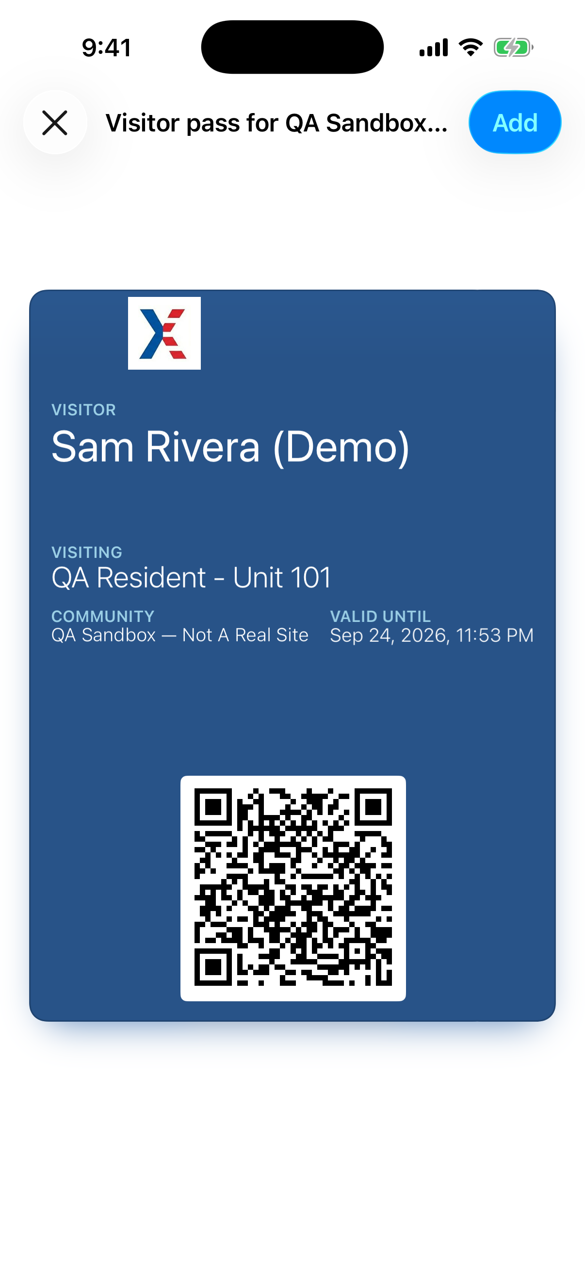 a visitor pass in Apple Wallet showing the visitor’s name, the unit, valid dates, and a QR code
